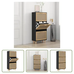 The Living Store Szafka na buty czarna 52x25x115 cm materiał drewnopochodny i naturalny rattan - Szafki na buty - miniaturka - grafika 1