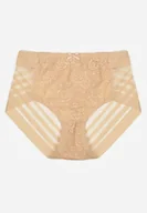 Majtki damskie - Beżowe Majtki Figi z Wysokim Stanem Zdobione Koronką i Siateczką Helieth - miniaturka - grafika 1