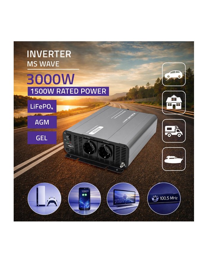 qoltec Przetwornica napięcia MS Wave 12V na 230V 1500/3000W