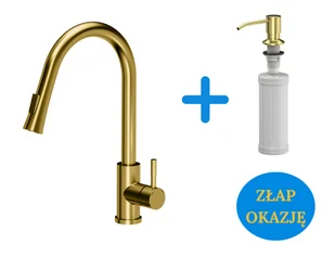 Quadron POP Bateria zlewozmywakowa stalowa JULIA z wyciąganą wylewką kolor złoty plus dozownik okrągły do płynu KEIRA PVD kolor złoty - Baterie kuchenne - miniaturka - grafika 1