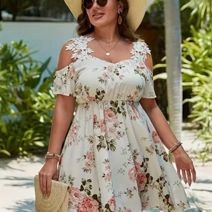 TEMU 1 szt. Sukienka w kwiaty w dużym rozmiarze z koronkowym dekoltem off-the-shoulder, styl wakacyjny, poliester, bez rozciągliwości, na każdą porę - Inne - miniaturka - grafika 1