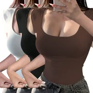 Bluzki damskie - TEMU 3-pak Damskie Koszulki z Krótkim Rękawem i Dekoltem U Casualowy Jednolity , Obcisły Krój, Niski Kołnierzyk, Średnio Elastyczny Materiał, - miniaturka - grafika 1