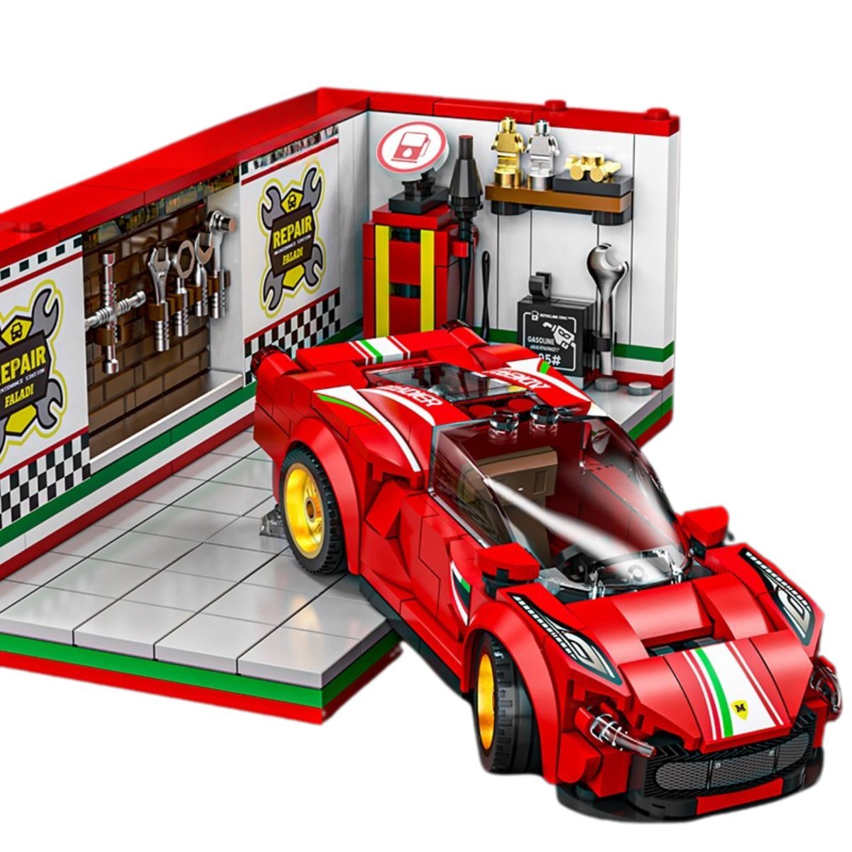 Klocki MJI 13082 – Czerwone Auto Sportowe Ferrari Style z Garażem, 530 elementów