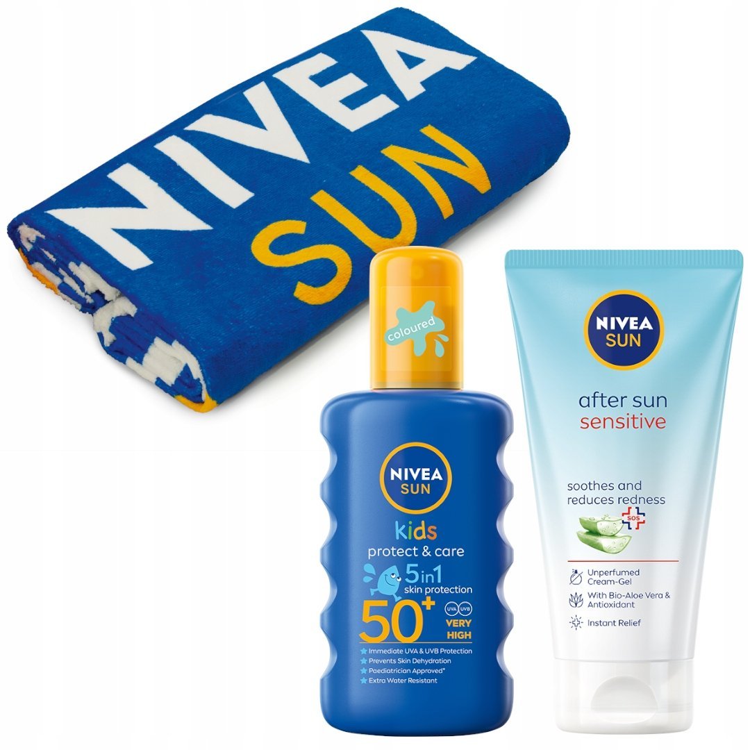 NIVEA SUN Krem po opalaniu 175ml +Spray z filtrem dla dzieci 200ml +Ręcznik