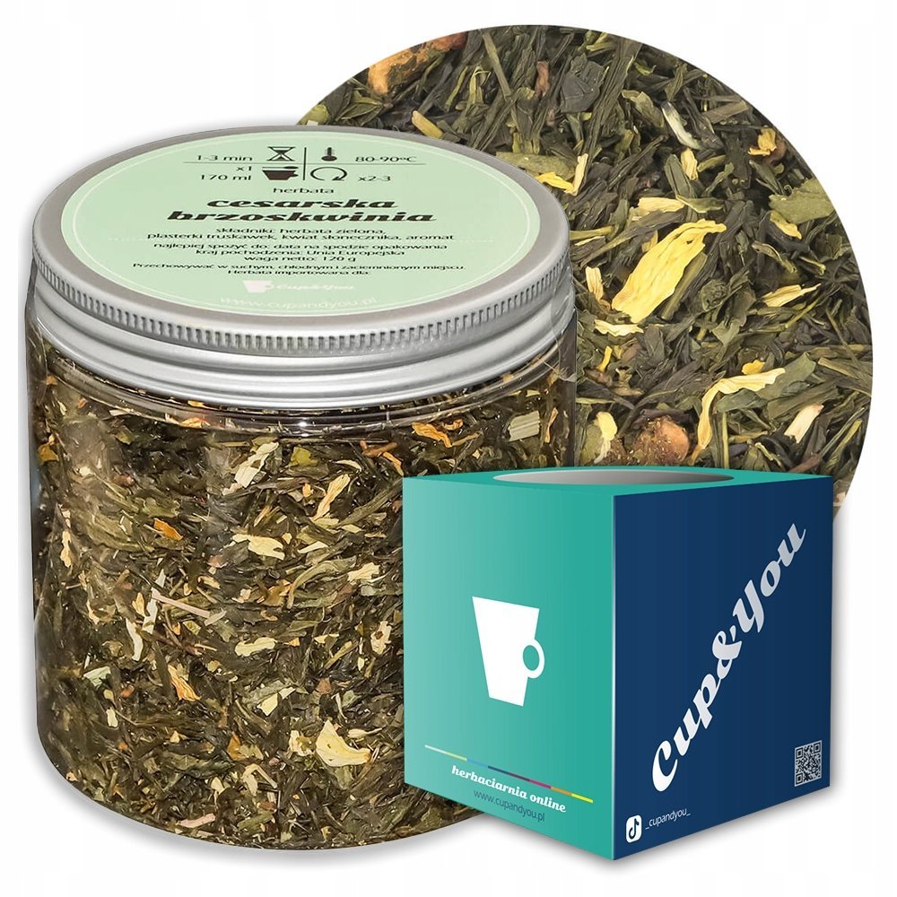 Herbata zielona CESARSKA BRZOSKWINIA o smaku słodkiej soczystej brzoskwini - herbata liściasta sypana mieszanka napar susz - gotowa na prezent upomi..