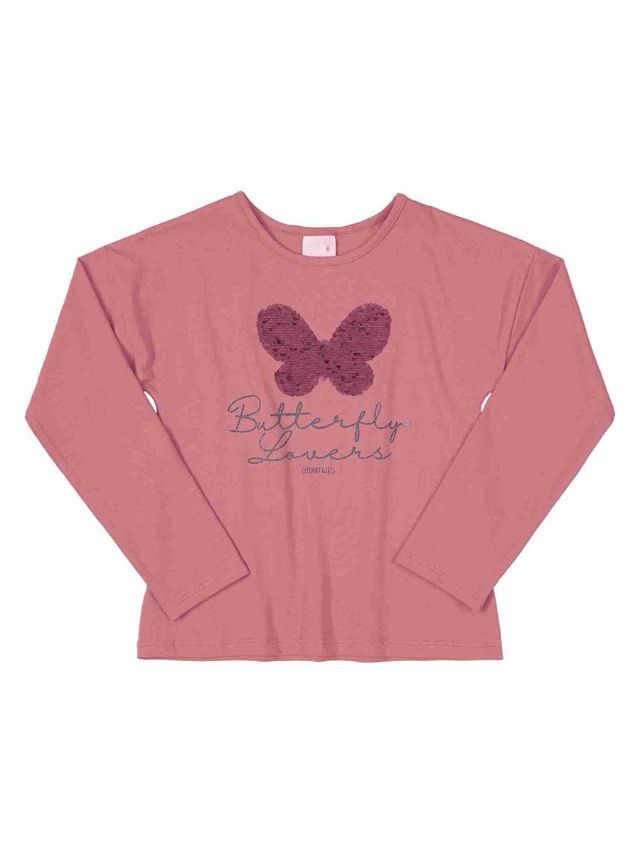Bluzka dziewczęca z długim rękawem, różowa, dwustronne cekiny, Butterfly Lovers, Quimby r.92