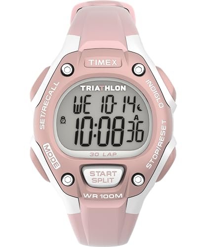 Timex Triathlon Classic Zegarek uniseks 34 mm – różowy, dwuczęściowy pasek z poliuretanu, z cyfrową tarczą i szarą kopertą, TW5M67700