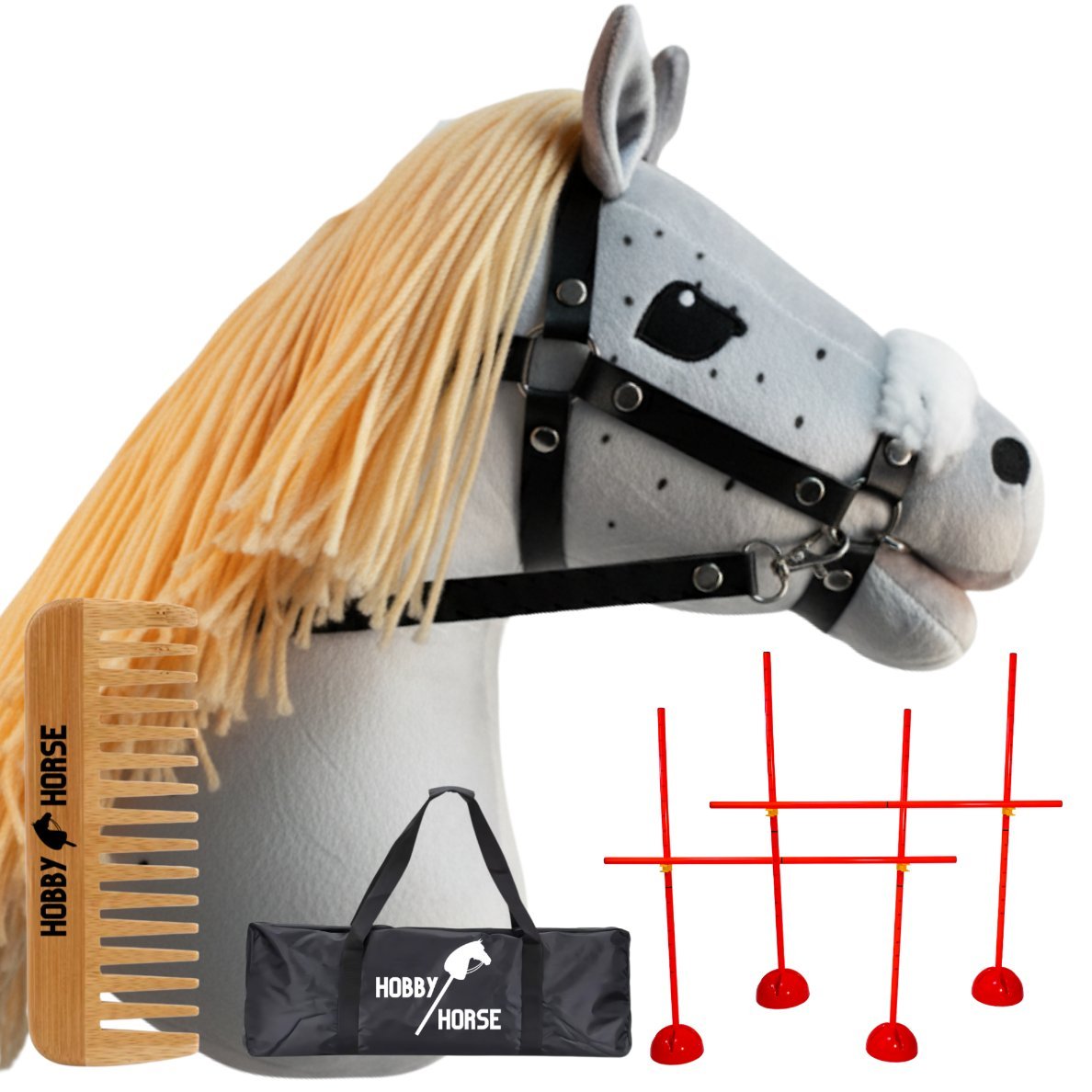 ZESTAW HOBBY HORSE KOŃ NA KIJU A4 + 2x PRZESZKODA DO SKAKANIA 120 CM + GRZEBIEŃ [M-H410-Z2]