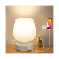 Lampy stojące - Lampka nocna dotykowa, lampka biurkowa z portami ładowania USB-A+C, ściemnialna w 3 kierunkach, klosz z białego szkła, mała lampka stołowa - miniaturka - grafika 1