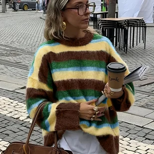 TEMU Kardigan Damski z Okrągłym Dekoltem w Paski i Kolorowe B – Modny, Casualowy na Jesień i Zimę do Stylowego Wyglądu - Swetry damskie - miniaturka - grafika 1