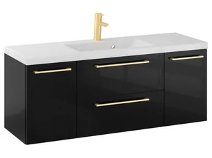 Szafka Wisząca Z Umywalką RON 120 cm D - Czarny Wysoki Połysk - Uchwyty Złote Szczotkowane - Szafki łazienkowe - miniaturka - grafika 1