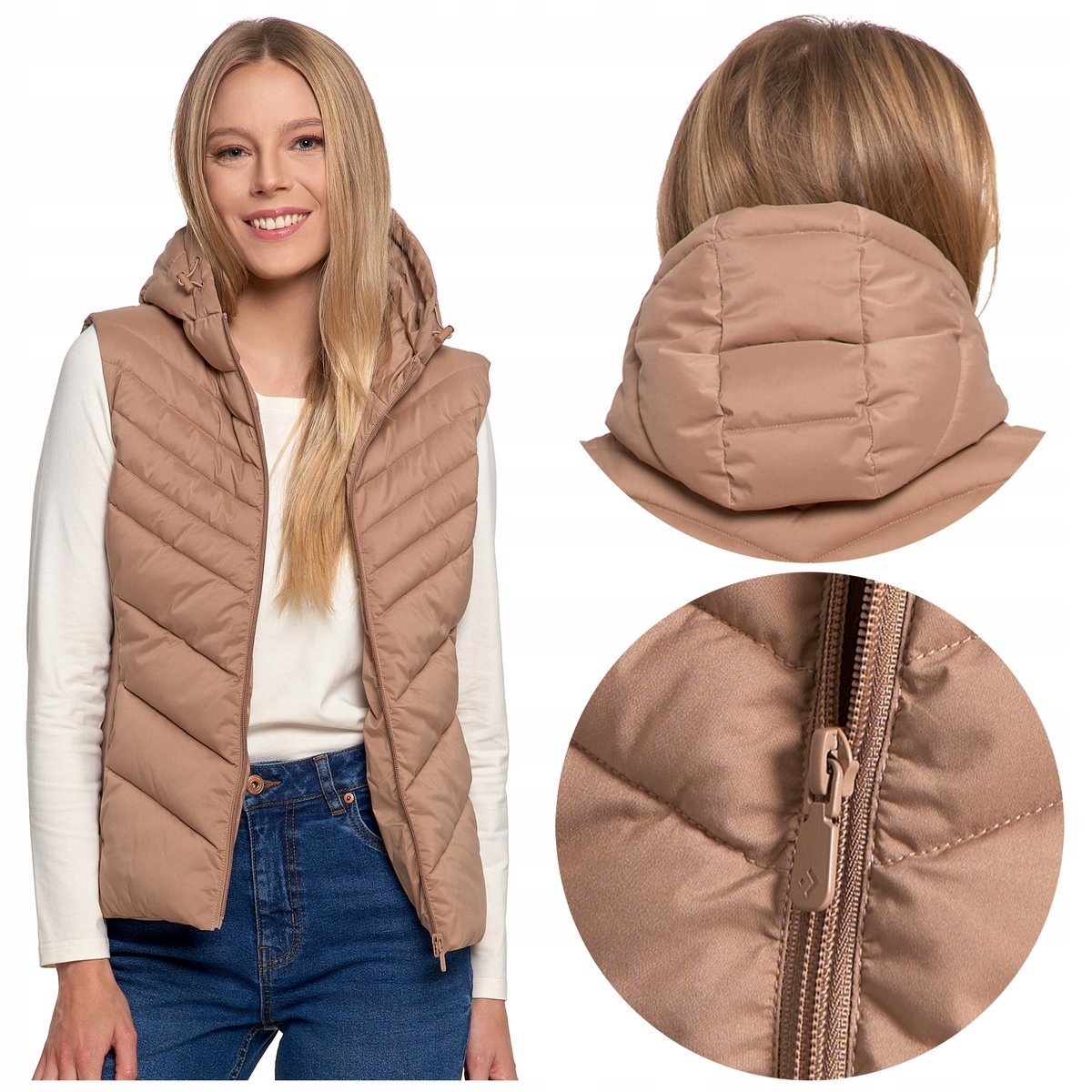 KAMIZELKA DAMSKA KRÓTKA PIKOWANA Z KAPTUREM BEZRĘKAWNIK JESIEŃ MORAJ r. S