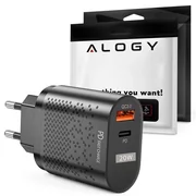Ładowarki do telefonów - Ładowarka sieciowa Alogy szybka USB + USB-C Type C QC 3.0 PD 20W Czarna + Kabel 1m USB-C - miniaturka - grafika 1