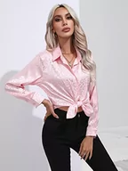 Koszule damskie - Clotth Damska koszula satynowa w leopard, koszula z długim rękawem z satynowego jedwabiu Button Down Shirt, różowy-m, M - miniaturka - grafika 1