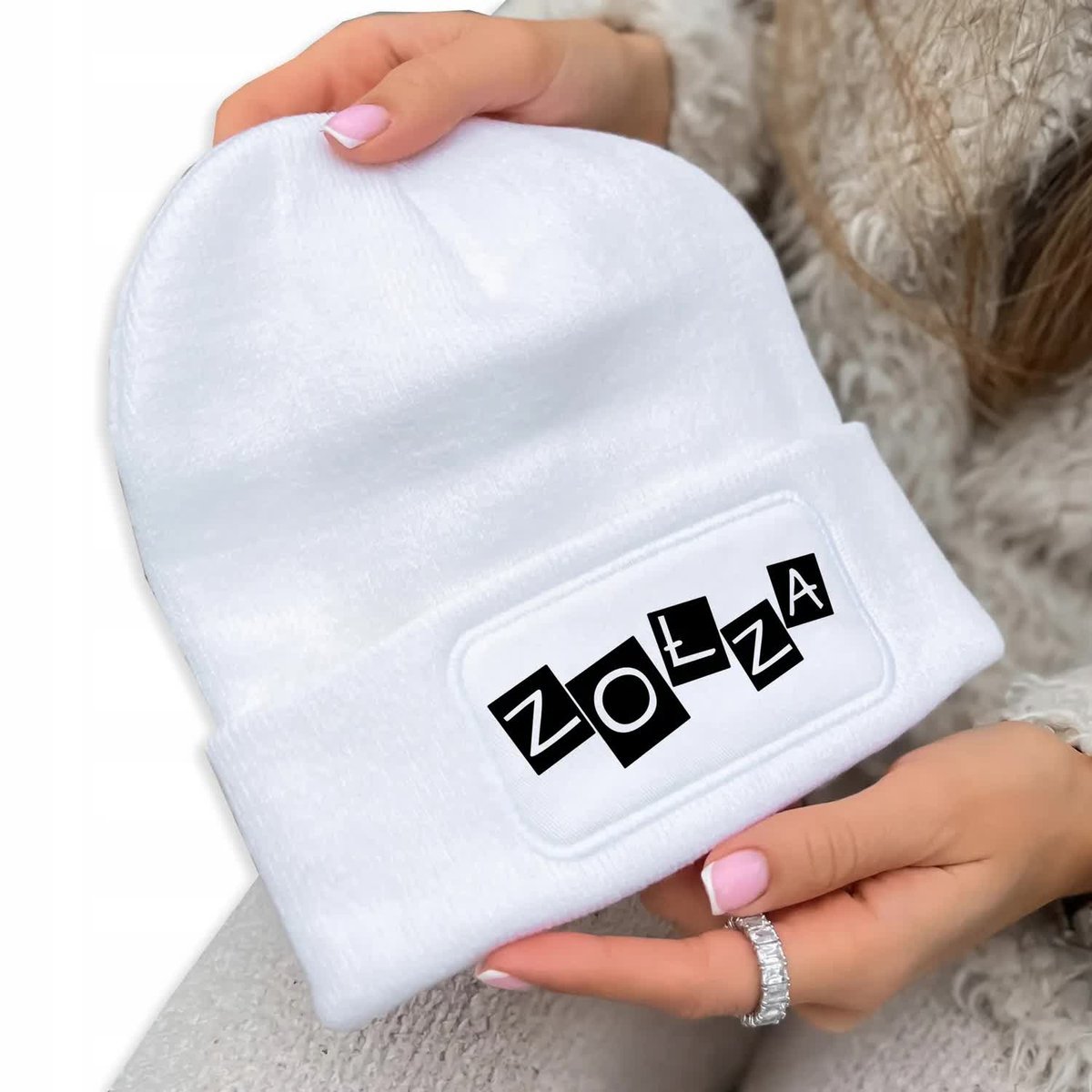 Czapka Jesienna Bawełniana ZIMOWA Biała Beanie ZOŁZA Na Prezent Wzory