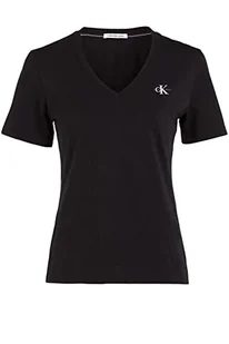 Calvin Klein Damska koszulka Micro Monologo Slim V-Neck S/S Knit Tops, Ck Black, 3XL, Ck czarny, 3XL - Koszulki i topy damskie - miniaturka - grafika 1