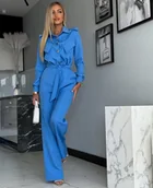 Kombinezony - Elegancki Kombinezon Damski Wiązany w Talii Pasek Niebieski S - miniaturka - grafika 1