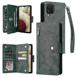 Etui z portfelem ze skóry PU do Samsung Galaxy A12 - magnetyczne etui z klapką z zamkiem błyskawicznym i uchwytem na karty Zielony - Portfele - miniaturka - grafika 1