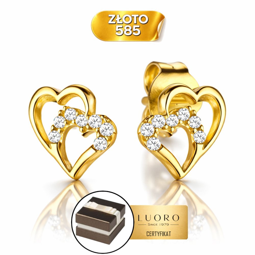 KOLCZYKI ZŁOTE 585 14K SPLOT SPLĄTANE SERCA CYRKONIE SZTYFT 7 MM PREZENT