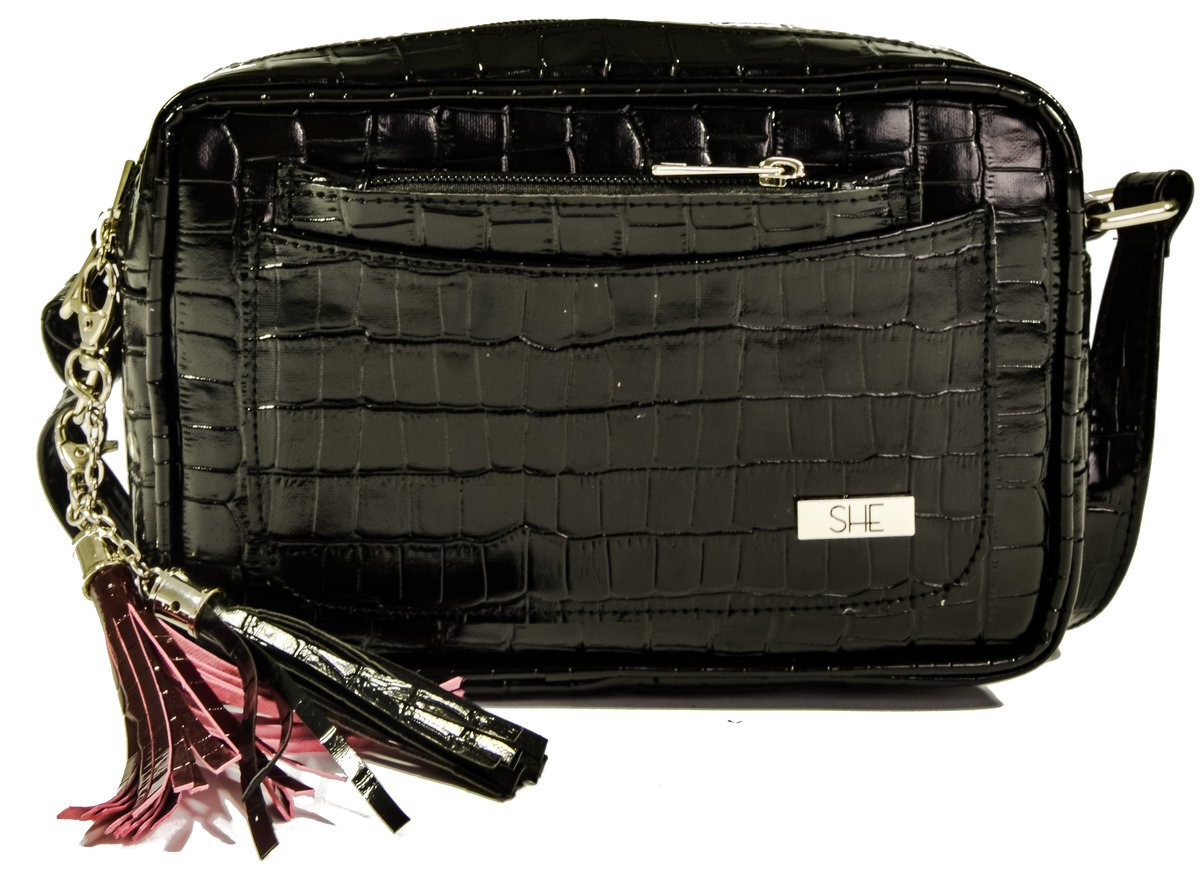 Czarna listonoszka prostokątna skóra krokodyl