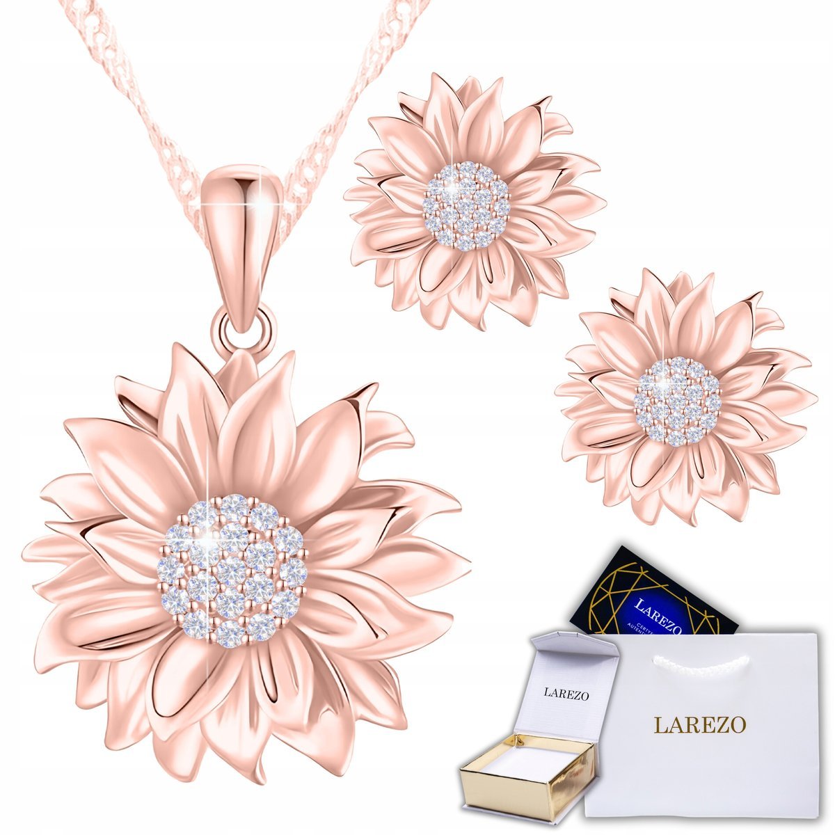 Zestaw Kolczyki i Naszyjnik 925 Kwiat Słonecznik z Cyrkoniami POZŁACANY 750