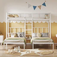Łóżka dla dzieci i młodzieży - Łóżko piętrowe potrójne 3x90x200cm z drabinką i półką - metalowa rama - Biały - miniaturka - grafika 1