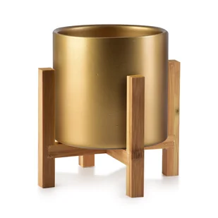 Doniczka Ceramiczna Złota Na Drewnianym Stojaku Ava - Donice - miniaturka - grafika 1