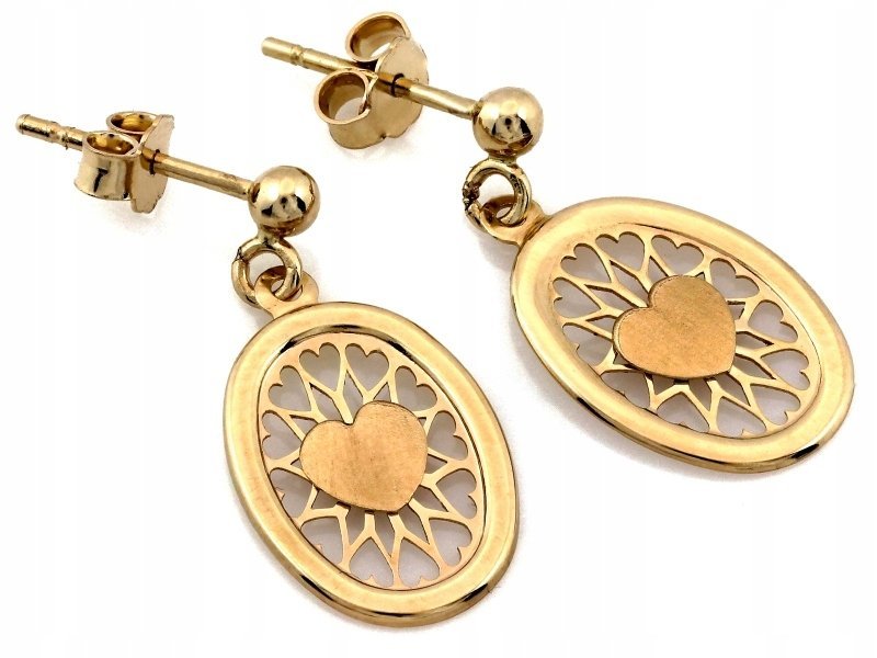 Wiszące złote kolczyki 585 ażurowymi serduszkami i z sercem na sztyft modne