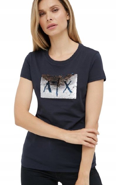 ARMANI EXCHANGE GRANATOWY T-SHIRT DAMSKI Z CEKINAMI XS J9A