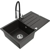 Zlewozmywaki z baterią - Mexen Bruno zlewozmywak granitowy 1-komorowy z ociekaczem i baterią kuchenną Aster, czarny/złoty metalik - miniaturka - grafika 1