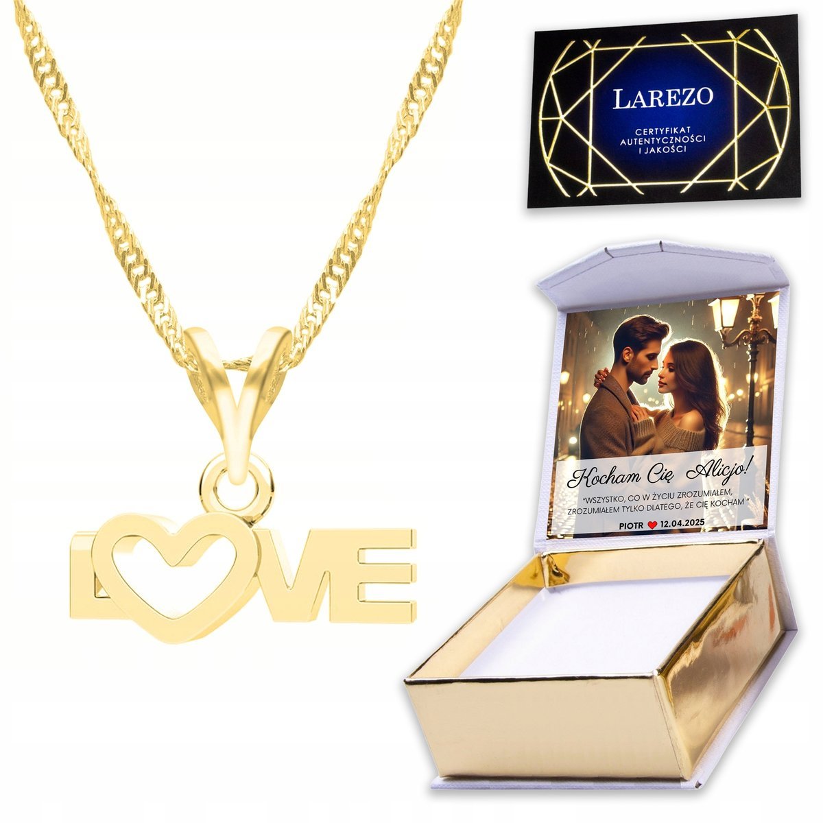 Złoty Naszyjnik 925 z Sercem Love Serce Miłość Heart Serduszko + NADRUK