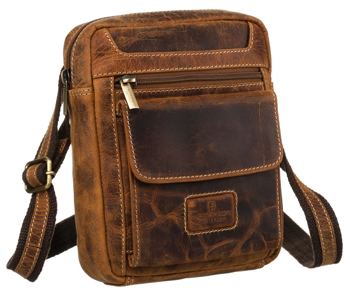 Modna torebka męska skórzana PETERSON minimalistyczna listonoszka vintage na ramię mała kieszonki na telefon dokumenty brązowa elegancka złote okucia