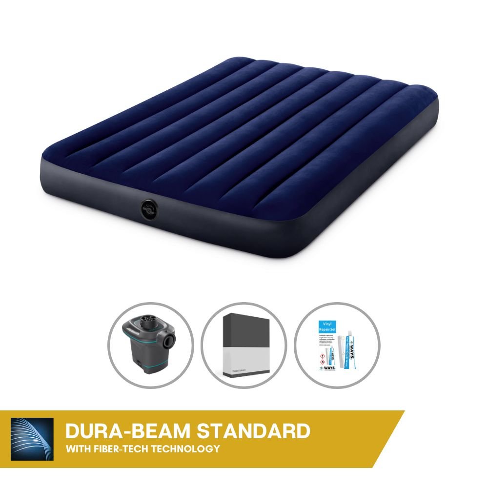 Dmuchane łóżko Intex - 2 osoby - 137 x 191 x 25 cm - niebieskie + pompka elektryczna Intex - 650 litrów/min + prześcieradło czarne + zestaw naprawczy