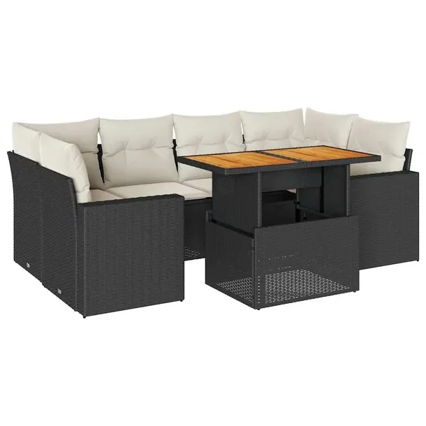 Zestaw wypoczynkowy rattan czarny 62x62x69 cm, 8 poduszek, stół 100x55 cm