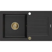 Zlewozmywaki - Mexen Pablo zlewozmywak granitowy 1-komorowy z ociekaczem 752 x 436 mm, czarny/srebrny metalik, syfon złoty - miniaturka - grafika 1