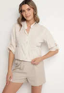 Koszule damskie - Beżowa Koszula z Wiskozą Ozdobiona Perełkami Tanavitia - miniaturka - grafika 1