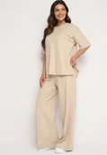 Komplety damskie - Beżowy Bawełniany Komplet Bluzka z Rozcięciami po Bokach Szerokie Spodnie z Gumką w Pasie Undrea - miniaturka - grafika 1