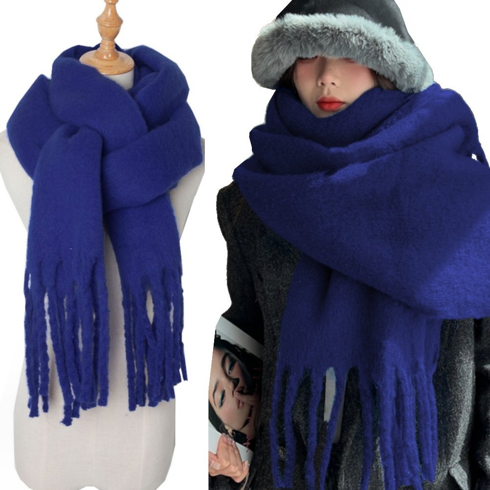 Duży Ciepły Szal Gruby Elegancki Modny Szalik Damski Zimowy Chusta Kolor Niebieski Szafir