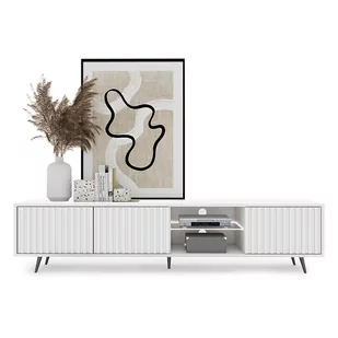 Szafka RTV Bello z lamelowymi frontami 175 cm biała z led z czarnymi nogami - Szafki RTV - miniaturka - grafika 1
