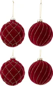 Bombki - Pudełko 4 Bombki Świąteczne 2+2 Linie/Czerwony Welur/Złoty - miniaturka - grafika 1