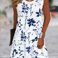 Sukienki - TEMU Elegancka sukienka bez rękawów z kwiatowym nadrukiem dla kobiet - Biała z niebieskimi i fioletowymi kwiatami, okrągły dekolt, idealna na letnie - miniaturka - grafika 1