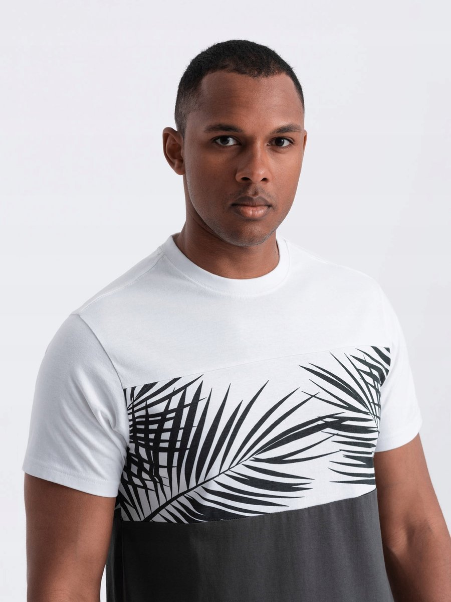 T-shirt męski dwukolorowy z nadrukiem grafitowy V2 OM-TSPT-0177 XL
