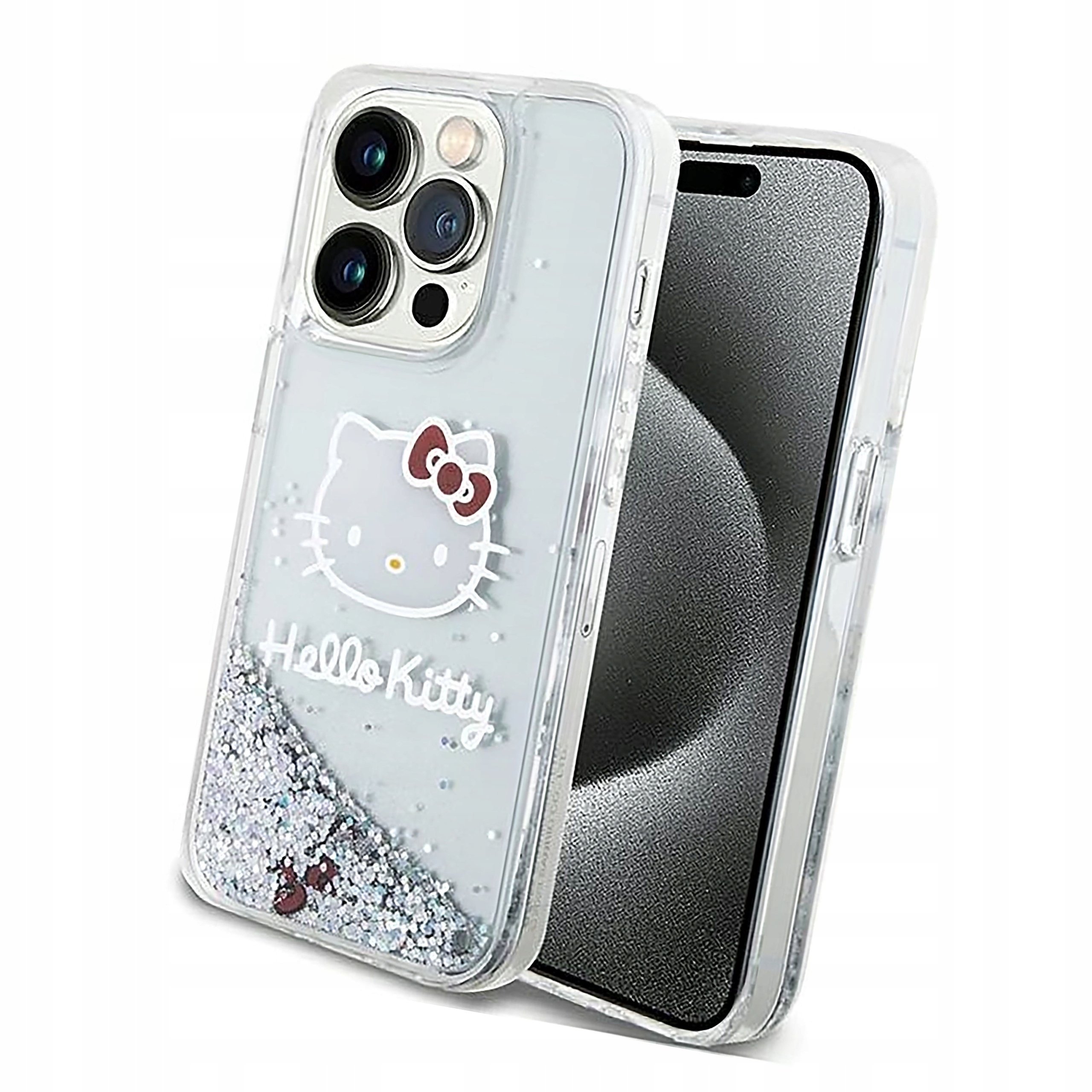 Etui Hello Kitty Liquid Glitter Charms Kitty Head do iPhone 14 Pro srebrne