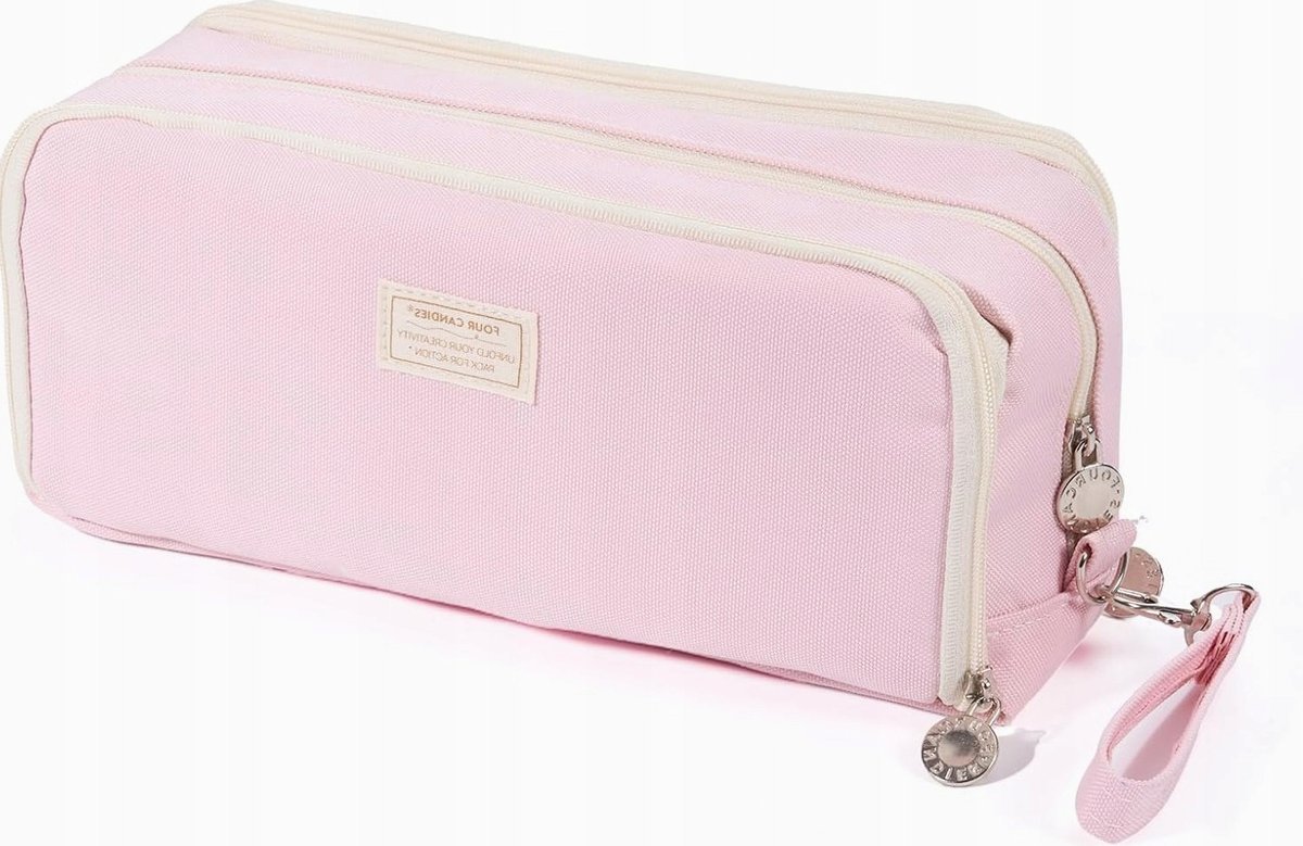 Piórnik materiałowy różowy 24x7.5x11cm pojemny organizer trzykomorowy