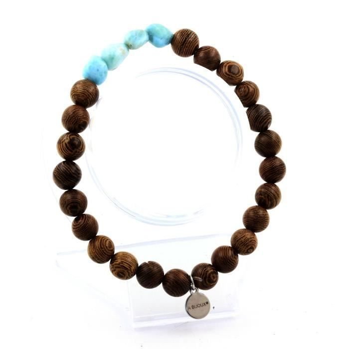 Kamienie i minerały. Bransoletka Larimar z Dominikany + drewniane koraliki 8 mm. Wyprodukowano we Francji.