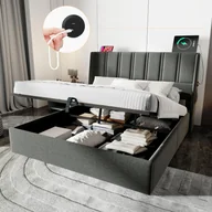 Łóżka - Łóżko tapicerowane Sweiko łóżko do przechowywania porty ładowania USB/Type-C kieszeń boczna hydrauliczne łóżko podwójne 140x200cm, drewniana rama z listew, łóżko z metalową ramą z listew, len, szare - miniaturka - grafika 1