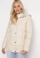 Kurtki damskie - Beżowa Kurtka Pikowana z Nieodpinanym Kapturem i Suwakami na Dole Nornals - miniaturka - grafika 1