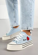 Trampki damskie - Niebieskie Trampki na Platformie z Ozdobnym Napisem i Aplikacją Efena - miniaturka - grafika 1