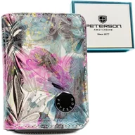 Portfele - Kolorowy mały portfelik damski na zatrzask i suwak PETERSON skóra naturalna i ekologiczna kwiatowy wzór portmonetka poziomy portfel na karty i gotów.. - miniaturka - grafika 1