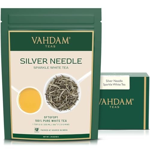 VAHDAM Silver Needle lisci bialej herbaty Loose (25 Cups) Najzdrowsze herbaty, 100% Natural White Tea Leaves Potezne antyutleniacze, kofeina Darmowe Brew jak goraca herbata, Iced Tea lub herbata Kombucha 50gm